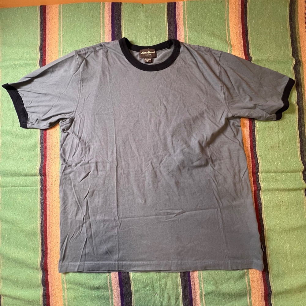 Eddie Bauer Ringer T-Shirt Mens XL Tall Blue Gray Cotton Short Sleeve AX11